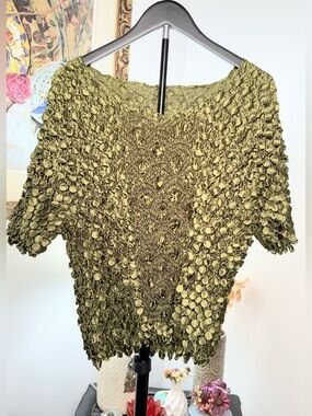 Vintage Olive Green 3D Bubble Dot Textured Stretch Top Y2K Artwear Blouse